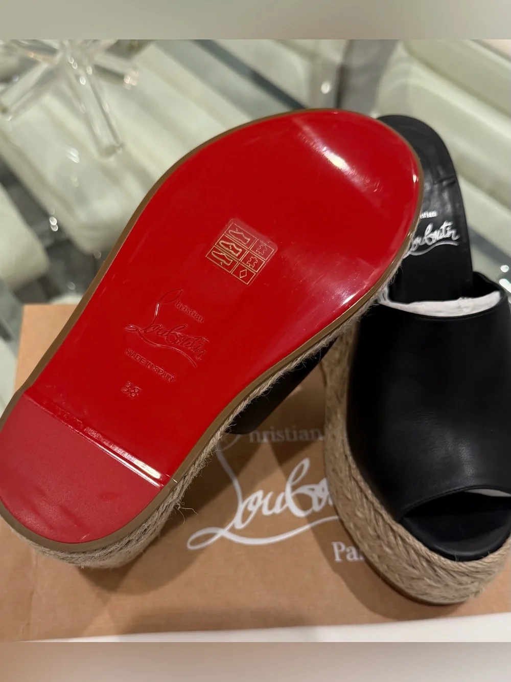 Christian Louboutin Black Leather Espadrille Wedge Sandals with Red Sole